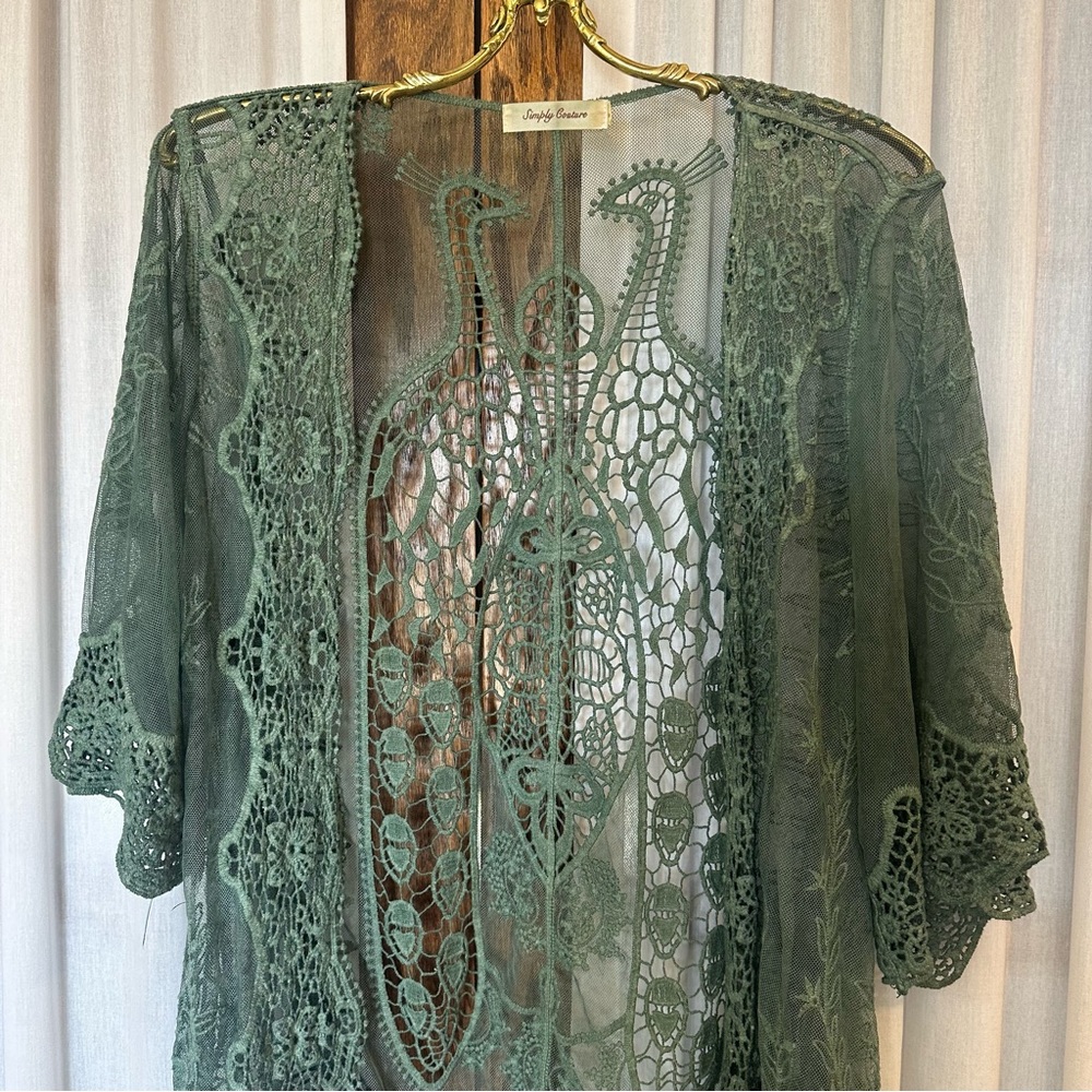Simply Couture Sage Green Tab Sleeve Knit Lace Peacock Open Cardigan - Picture 3 of 10